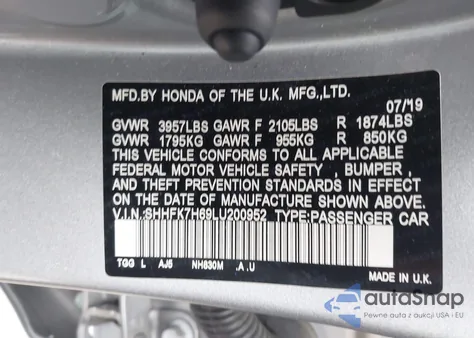 2020 Honda Civic Ex from USA, damaged, VIN SHHFK7H69LU200952